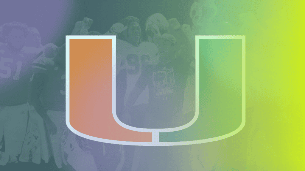 The University of Miami U logo is centered over a faded background of football players, with a gradient overlay of purple, green, and yellow hues—an inspiring nod to both teamwork and corporates wellness.