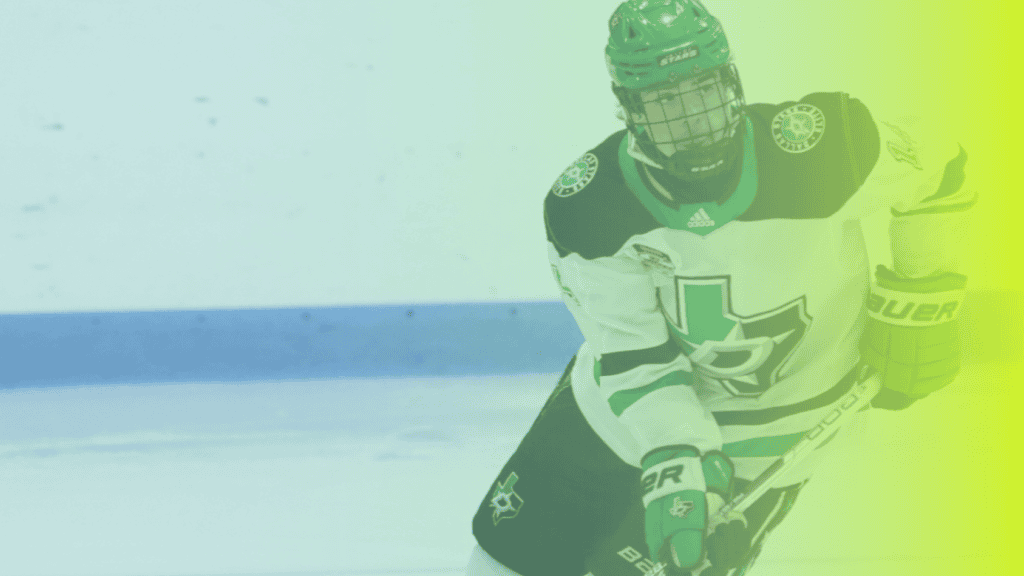 Hockey player in green and white uniform skating on ice, with a yellow and green gradient overlay—an inspiring image promoting corporates wellness through team sports and active lifestyles.