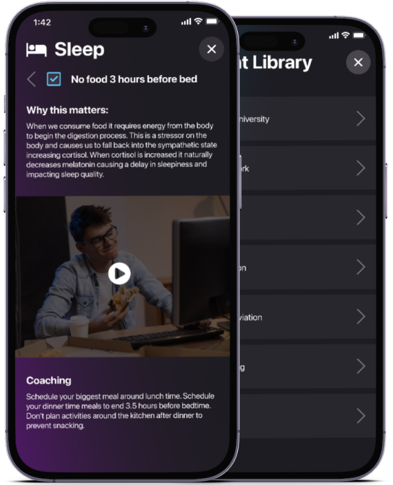Two smartphones display the Coya sleep coaching app. The main screen highlights No food 3 hours before bed with explanation text and a coaching video, while the second screen shows Coya’s extensive content library.
