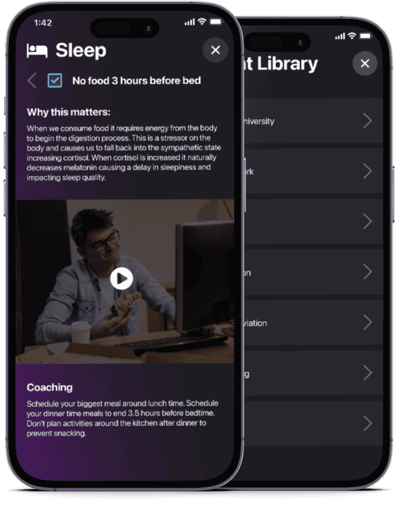 Two smartphones display the Coya sleep coaching app. The main screen highlights No food 3 hours before bed with explanation text and a coaching video, while the second screen shows Coya’s extensive content library.