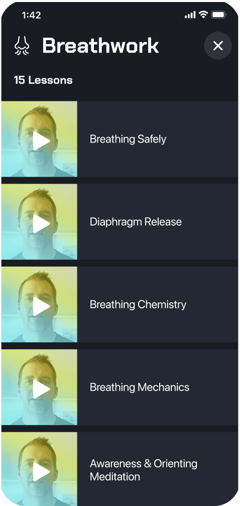 Mobile app screen displaying a Coya Breathwork course with 15 lessons, featuring video thumbnails and titles like Breathing Safely and Diaphragm Release.