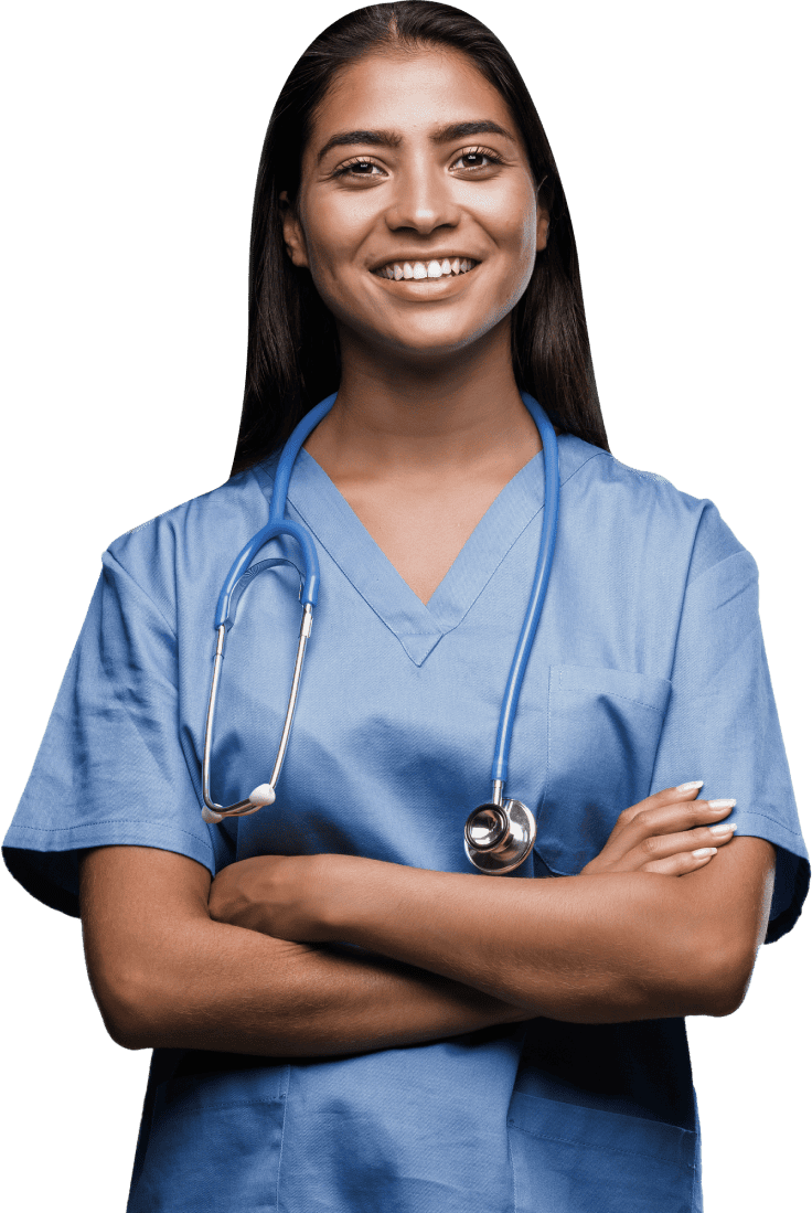 A female nurse in a blue smock representing thriving from Coya's executive wellbeing programs.