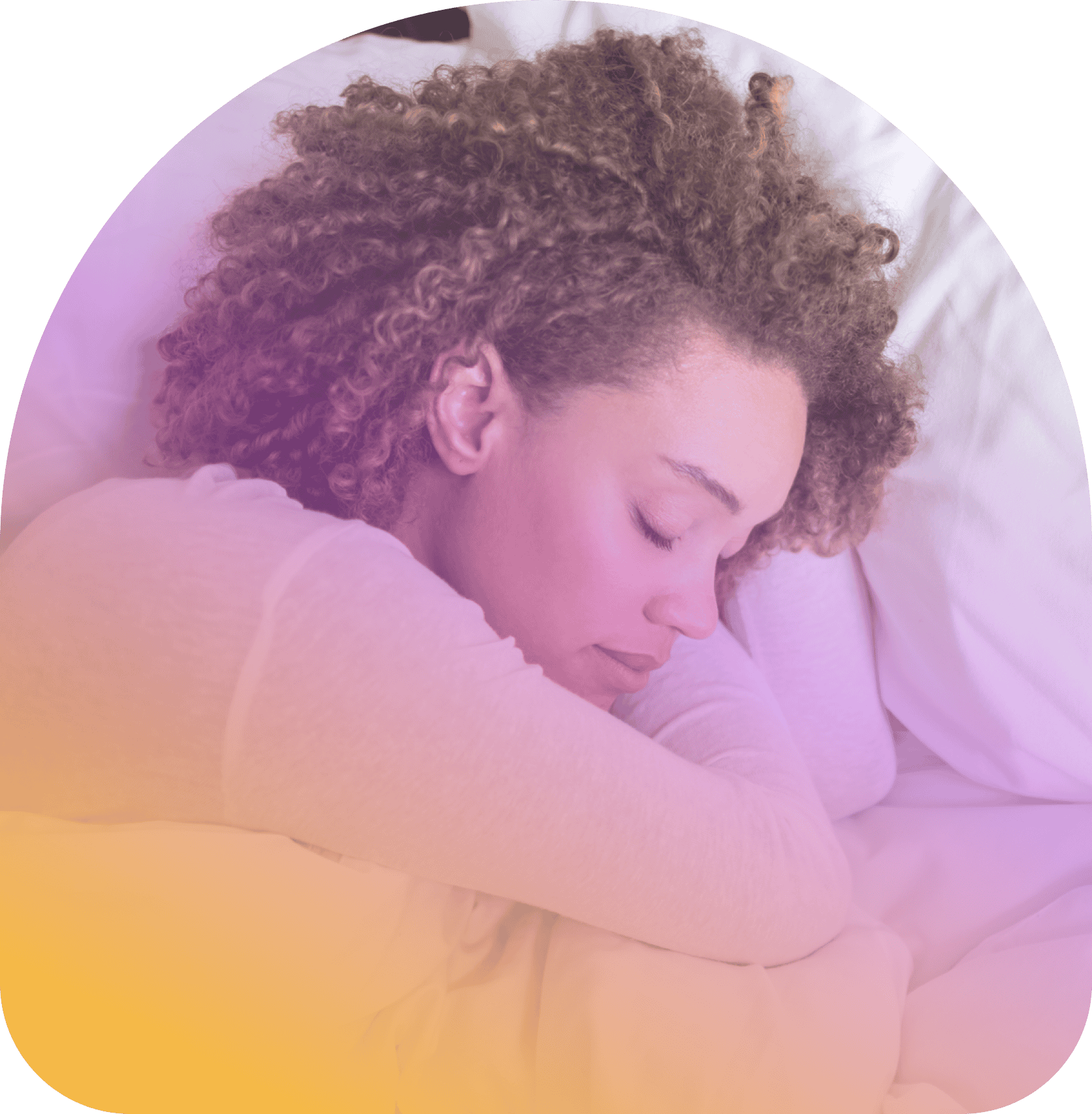 A woman with curly hair sleeps on her side in bed, resting her head on a pillow with a calm expression. The image, featuring a purple and yellow gradient overlay, highlights the restful support of Coya for first responders.