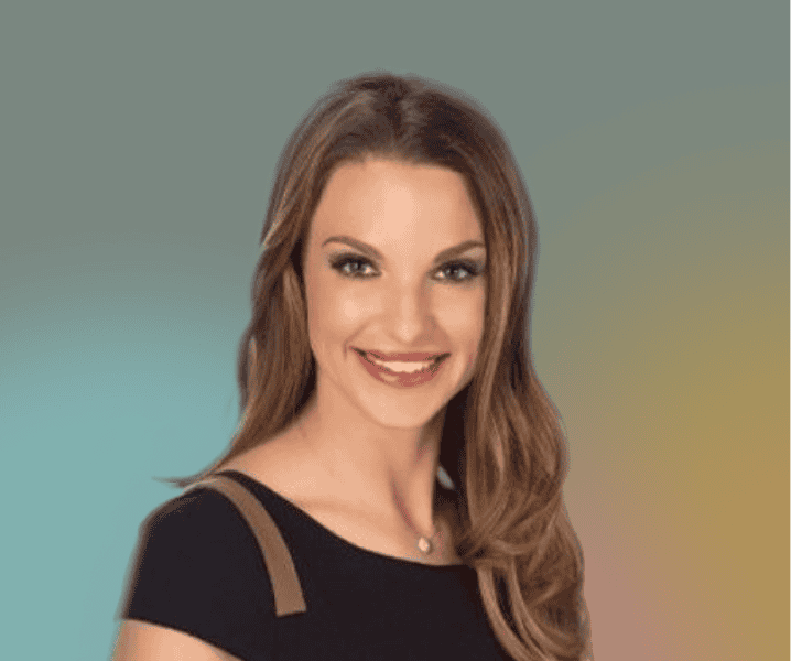 Dayna McCutchin, a woman with long brown hair, wears a black top with brown accents and smiles at the camera against a gradient background.
