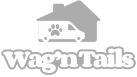 White silhouette of a van with a paw print above the text Wagn Tails on a gray background, perfect for those seeking Coya for executives.