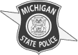 Michigan State Police badge logo with a central seal and bold text on a dark background, featuring a white lightning bolt design behind the badge—perfect for showcasing Coya for first responders.