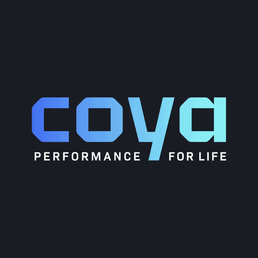 Logo featuring the word Coya in bold blue gradient letters above the slogan PERFORMANCE FOR LIFE, set against a sleek black background.