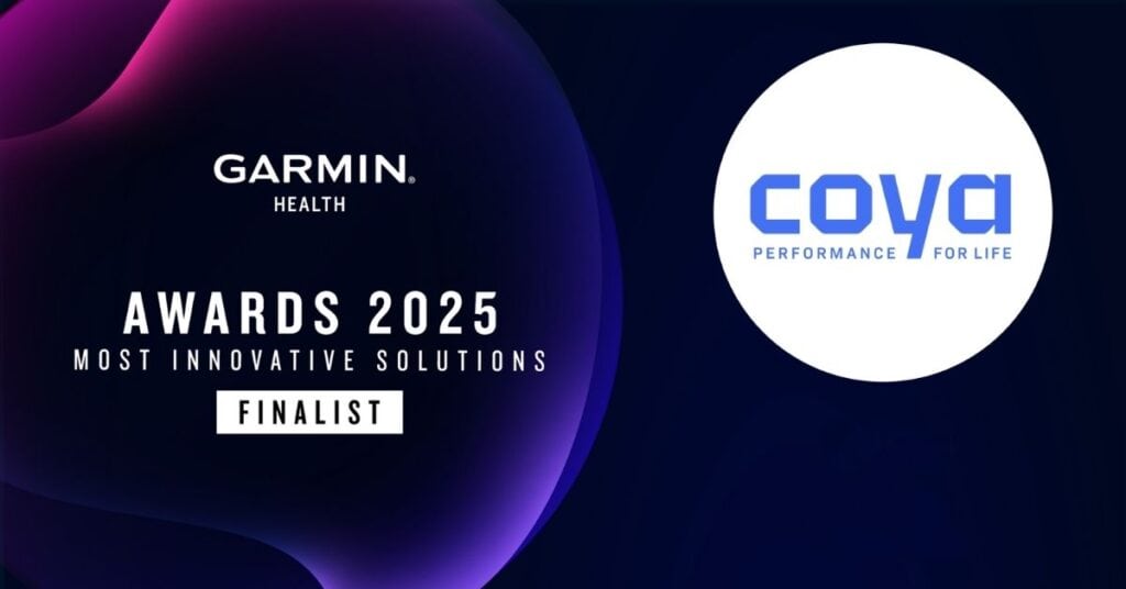 A graphic displays Garmin Health Awards 2025 Most Innovative Solutions Finalist next to the Coya logo and the phrase Performance for Life on a dark background.