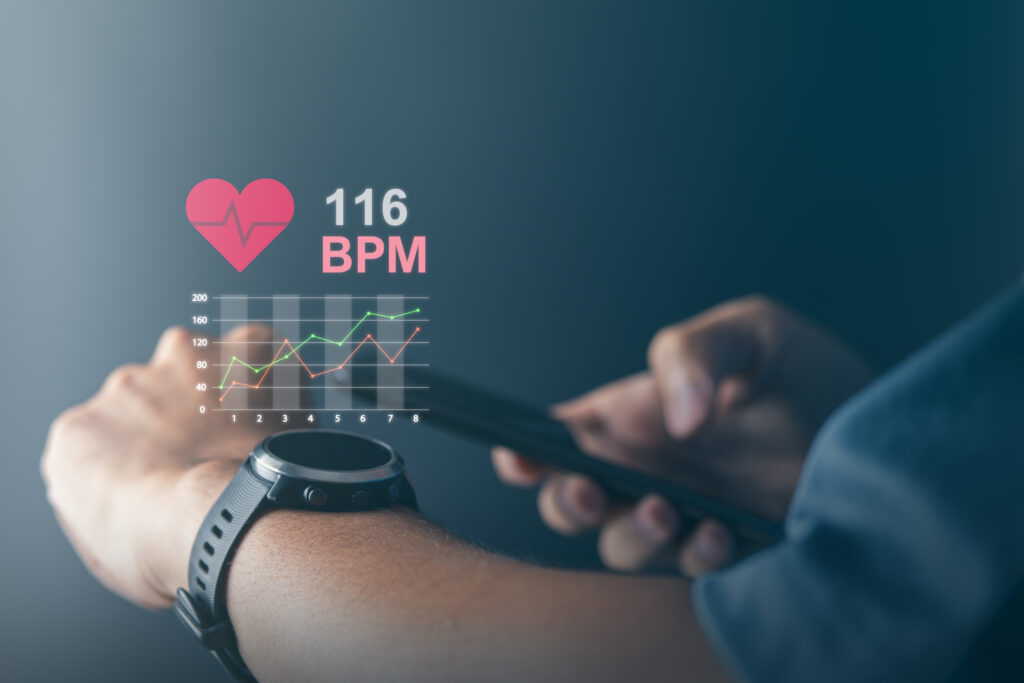 Man excercise and using smartwatch to monitoring and tracking health and heart rate by applications. technology and healthy concept.