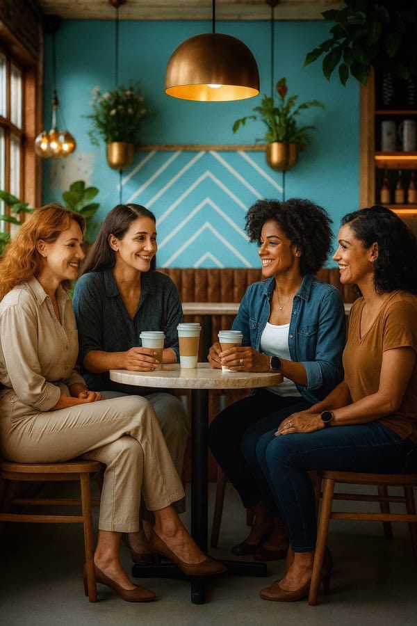 Women's vitality cohort talking about perimenopause and vitality in a coffee shop.