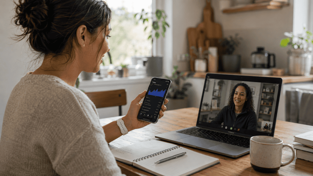 Woman using Coya wellness app on smartphone during virtual consultation.
