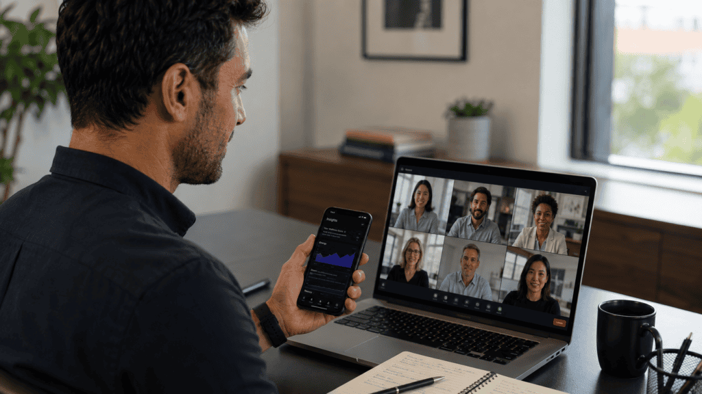 Man in dark shirt on video call with diverse team on laptop and smartphone.