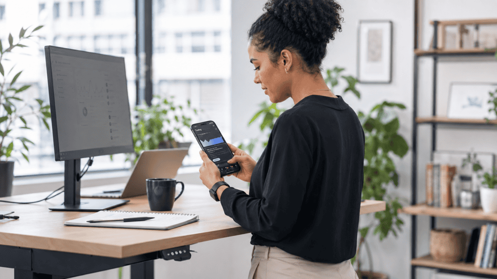 Woman using the Coya wellness app on her smartphone in a modern office setting.