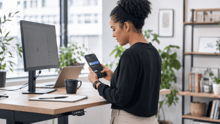 Woman using the Coya wellness app on her smartphone in a modern office setting.