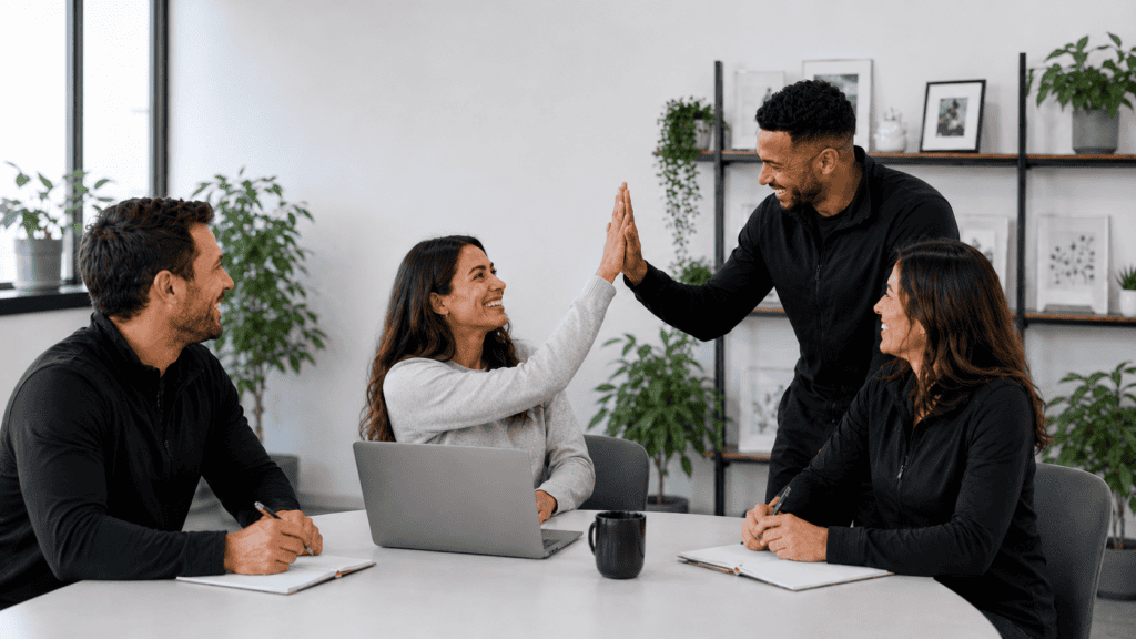 Diverse team of professionals high-fiving in a modern office setting.