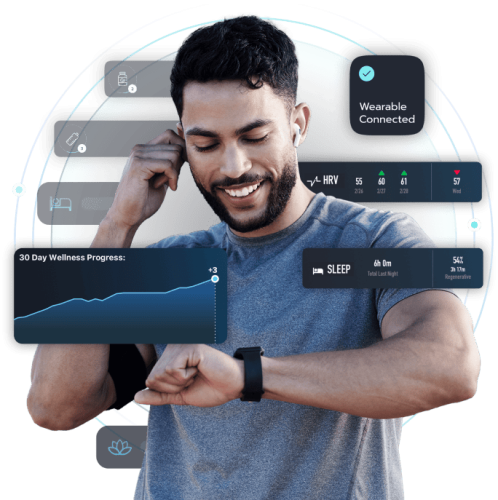 A man checks his smartwatch while digital health data, including wellness progress, sleep, and heart rate, are displayed around him.